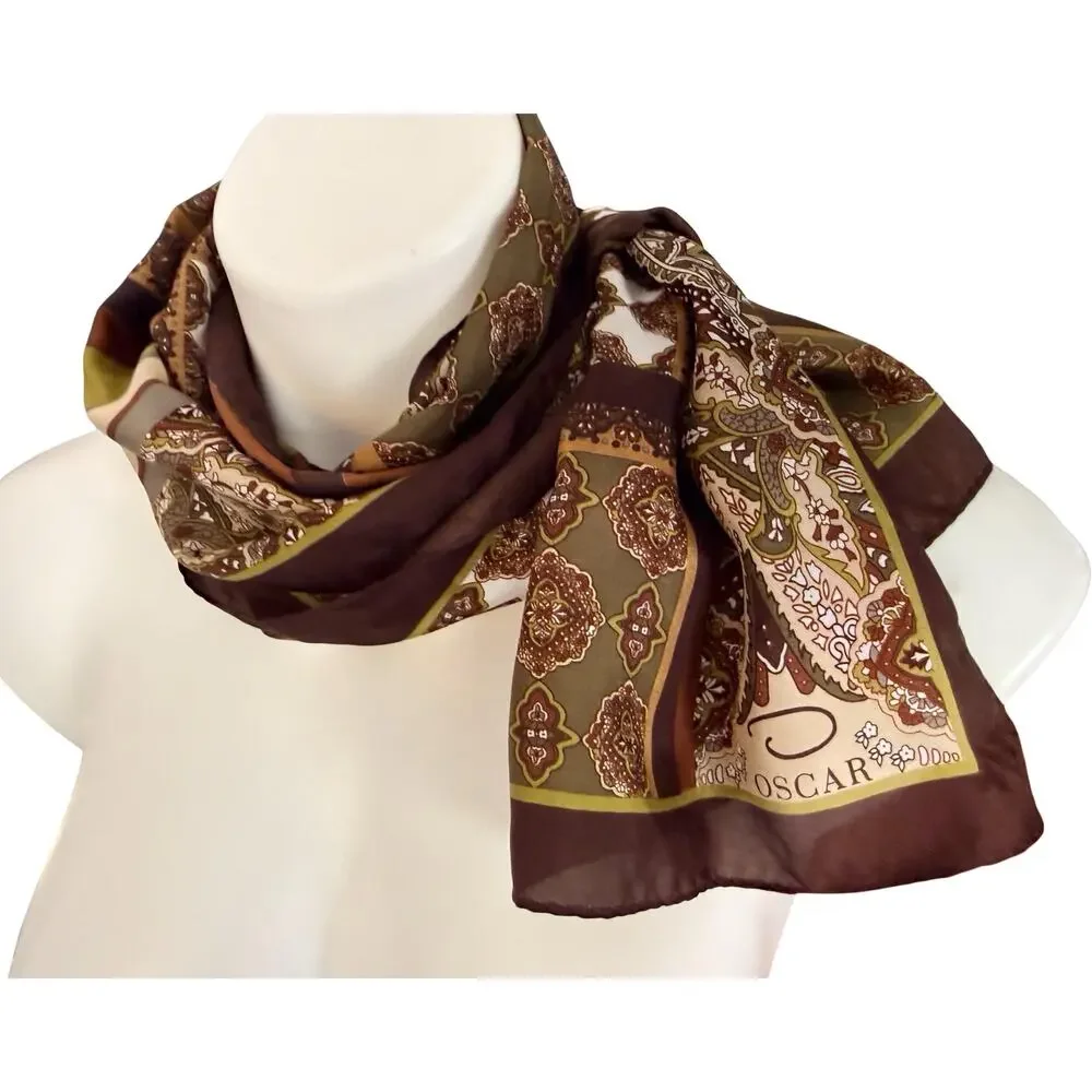 Vintage 70s Oscar de la Renta Silk Scarf Brown Olive Paisley 11x54 Oblong